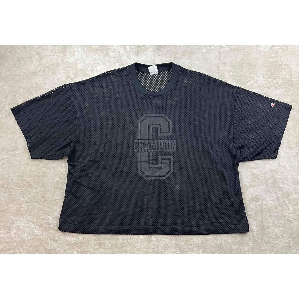 EUC Champion Men's Black Mesh Logo Jersey T-Shirt Oversized T0300 Large